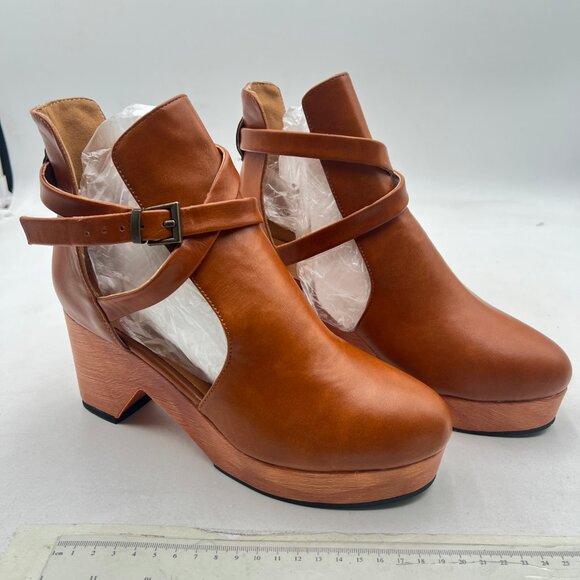 YDN Brown Platform Cross Strap Buckles Closed Toe High Heel Cutout Ankle Boots - Picture 4 of 8